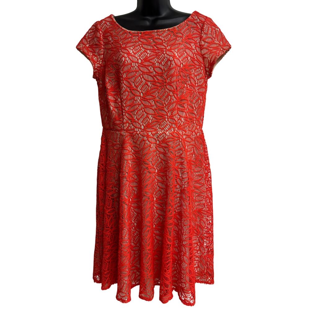 Taylor Red Lace Overlay Fit & Flare Dress Women’s Size 8 Midi Party Cocktail EUC
